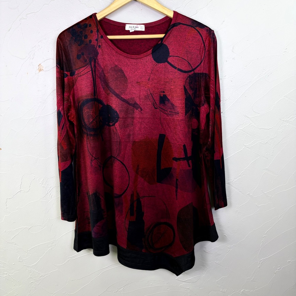 Jess & Jane Tunic Top Women Large Red Black Abstract Art Asymmetrical Lagenlook